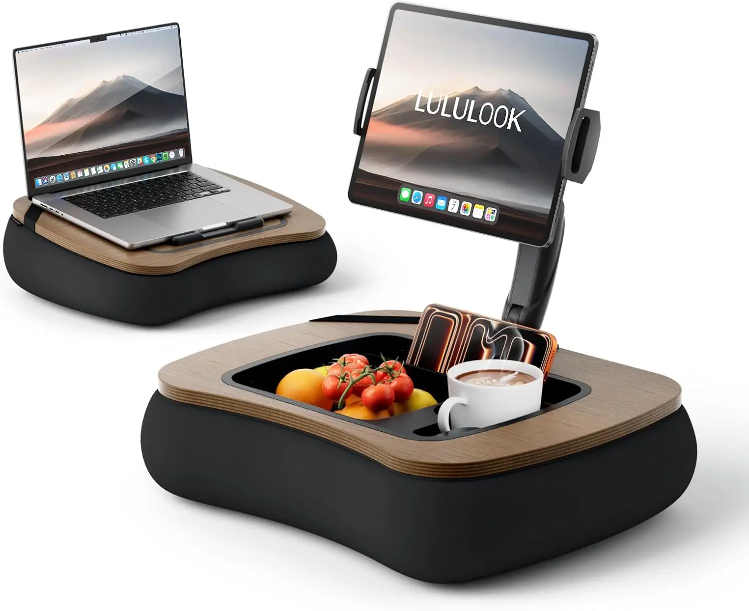 LULULOOK 2-in-1 Portable Adjustable Laptop Stand Hub - Lap Desk with Beanbag Cushion, Foldable Arm, Ball Joints for 14" Laptop, iPad, Phone, 4.7-14.6" Tablet & Kindle Reading in Bed