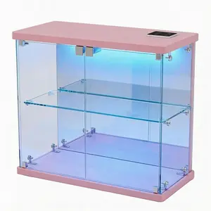 Miu vanity Display Cabinet with Glass Doors,Storage Cabinet with 3 color light,2-Tier Curio Cabinet case for Collectibles,Toys，Books，for Playroom，Bedroom，Study Room,Black,Pink