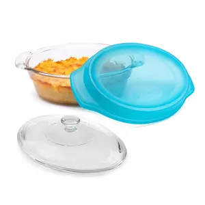 Libbey Baker’s Premium 2 Quart Oval Glass Casserole Dish with Glass Lid and Plastic Storage Lid, Stackable Bakeware with GreatGrip Handles