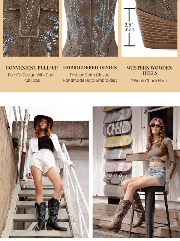 Athlefit Women's Embroidered Western Cowboy Boots Fashion Pointed Toe Chunky Heel Mid Calf Cowgirl Boots Walking Shoes Footwear Black Bathroom