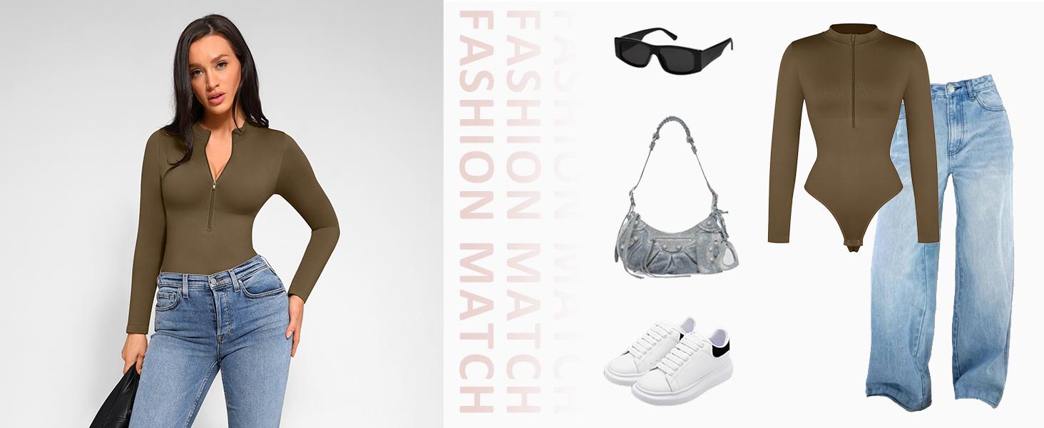 FeelinGirl Long Sleeve Bodysuit for Women Mock Turtle Neck Zip Up Design  Tummy Control Bodysuit Shirts fall   Breathable Fabric  PR#2