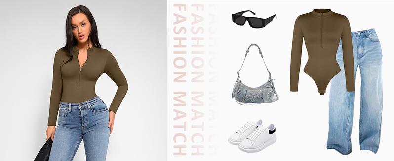 FeelinGirl Long Sleeve Bodysuit for Women Mock Turtle Neck Zip Up Design  Tummy Control Bodysuit Shirts fall   Breathable Fabric  PR#2