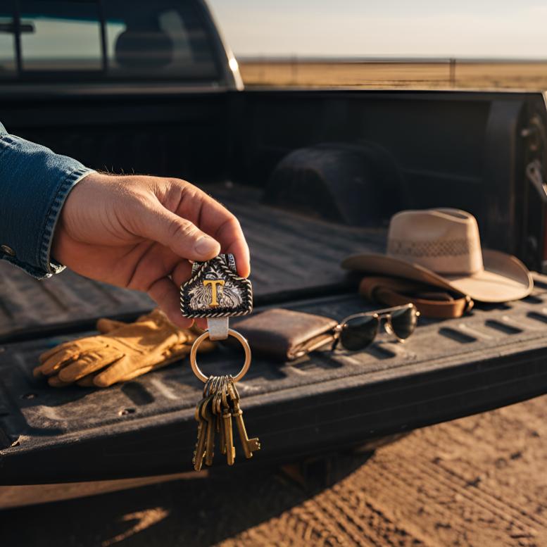 Handmade Cow Tag Belt Key Holder with Copper Initial β Custom Western Keychain for Men & Women, Texas-Inspired Cowboy Keychain, Fashion Accessory for Bags, Keys & Gifts