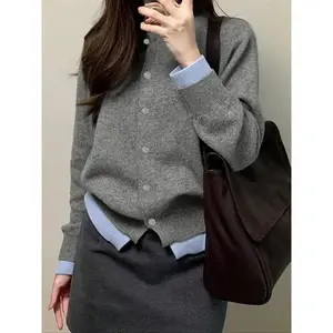 Women's Colorblock Print Button Front Cable Knit Cardigan, Casual Long Sleeve Cardigan Sweater for Fall & Winter, Women's Knit Clothing for Daily WearGift