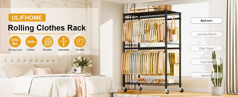 ULIFHOME P4 Plus Rolling Clothes Rack Heavy Duty, Clothing Racks for Hanging Clothes, Free Standing Garment Racks with Wheels, Portable Closet Rack 45''W × 20.5''D × 80.5''H, Max Load 570 Lbs, Black