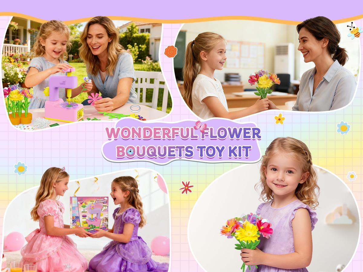 Kiditos Fabric Flower Bouquets DIY Craft Kits for Kids – Build Your Flower Market Toy, Arts & Crafts Bouquet Making for Ages 3+, Perfect Gift for Christmas & Birthdays