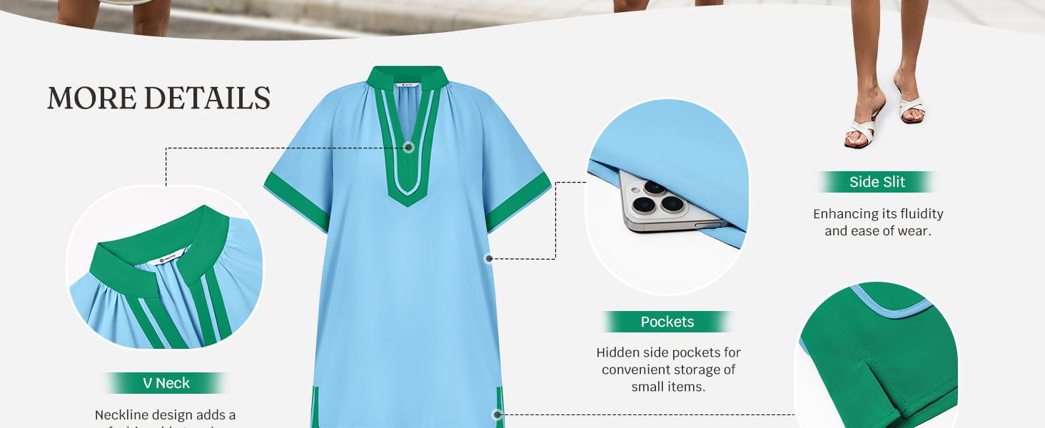 Wenrine Women's Summer Mini Dress Puff Sleeve Casual V Neck Color Block Side Slit Loose Shirt Dresses with Pockets