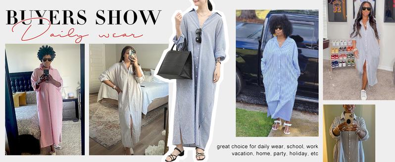 Chouyatou Women's Casual Long Sleeve Button Down Loose Striped Cotton Maxi Shirt Dress Grey Caftan Comfy Basic Batwing Sleeves Breathable Lightweight Beach Clothes Womenswear Bikini Elegant Fit