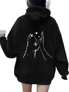 1pc Women'S Casual Hooded Sweatshirt with Cat High-Five Print, Kangaroo Pocket, Long Sleeve, Polyester Knit Fabric, Stretchy, All Seasons