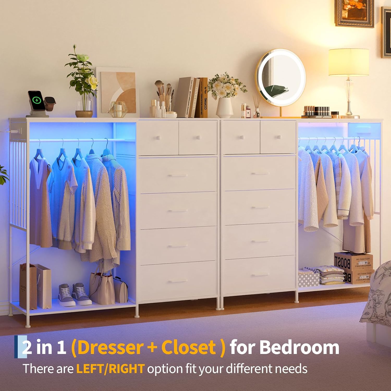 49.2" w Dresser with Hanging Rack & LED Lights, 6-Drawer Closet Organizer with Charging Station, Tall Storage Tower for Bedroom, Reversible Wood Top Chest, Sturdy Frame 49.2" w Dresser with Hanging Rack & LED Lights, 6-Drawer Closet Organizer with Charging Station, Tall Storage Tower for Bedroom, Reversible Wood Top Chest, Sturdy Frame