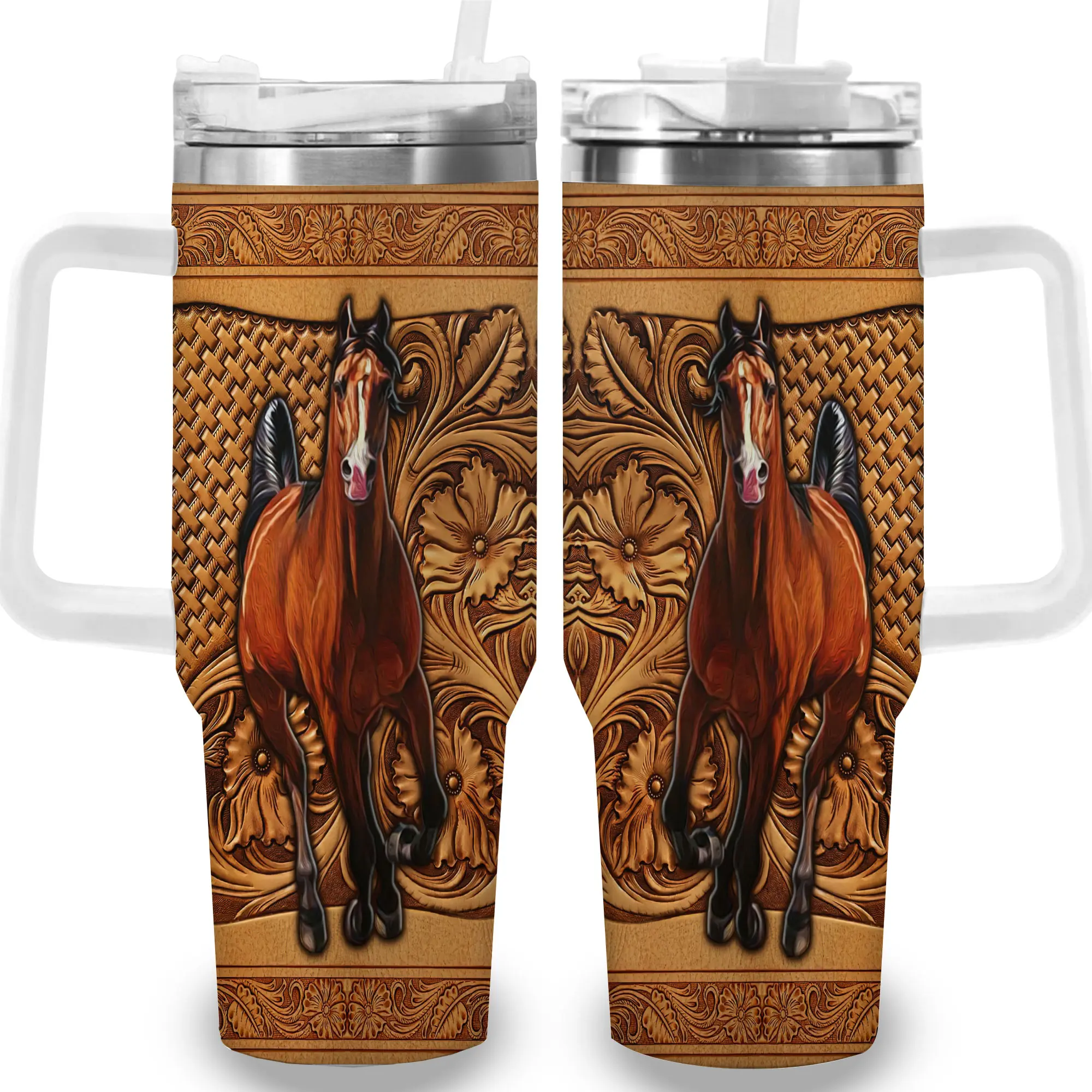 1pc 40oz Intricate Horse & Floral Pattern Hydration Tumbler with Lid - Insulated Travel Coffee Cup, Vacuum Flask, Ideal Gift for Women, Perfect for Birthday, Halloween, Unique Kitchenware Drinkware Insulated Cup, Flasks, Insulated Cups