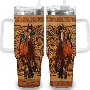 1pc 40oz Intricate Horse and Floral Pattern Tumbler with Lid, Insulated Travel Mug, Gift for Women Men, Ideal for Halloween, Independence Day, Memorial Birthday Gift, Coffee Cup, weird stuff
