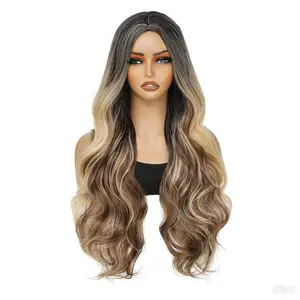 30 Inch Long Body Wave Wig | Brown with Blonde Highlights | Heat-Resistant Synthetic Hair | Chic Elegant Waves for Women | Versatile for Daily Glam & Special Occasions