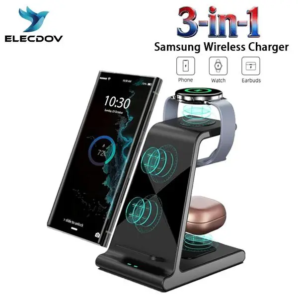 3-in-1 Samsung wireless charging station features efficient heat dissipation, an LED charging indicator, and is compatible with Samsung Galaxy S24 Ultra/S23 Ultra/Z Flip 5/Fold 5/Buds, and Galaxy Watch 6/5 Pro/4/3. ELECDOV D2 #SummerWins #DealsForYouDays