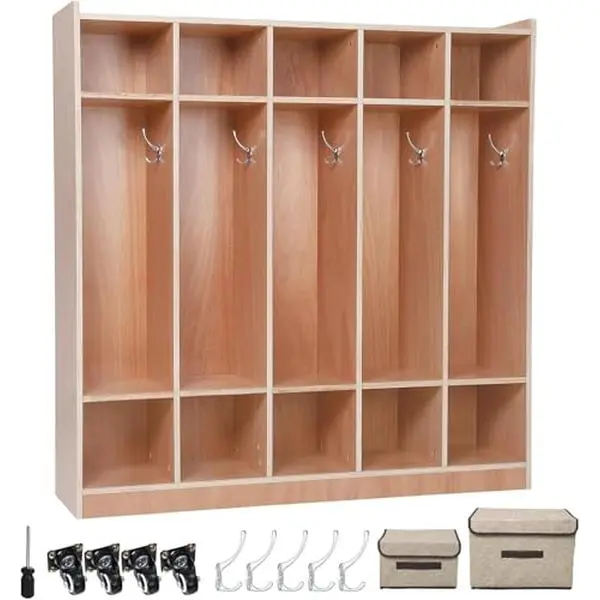 5-Section School Storage Locker, Wooden Storage Cabinet with 4 Casters, 5 Hooks and 2 Storage Boxes, Daycare Cubbies for Storage, for Home, Office, School, Kindergarten