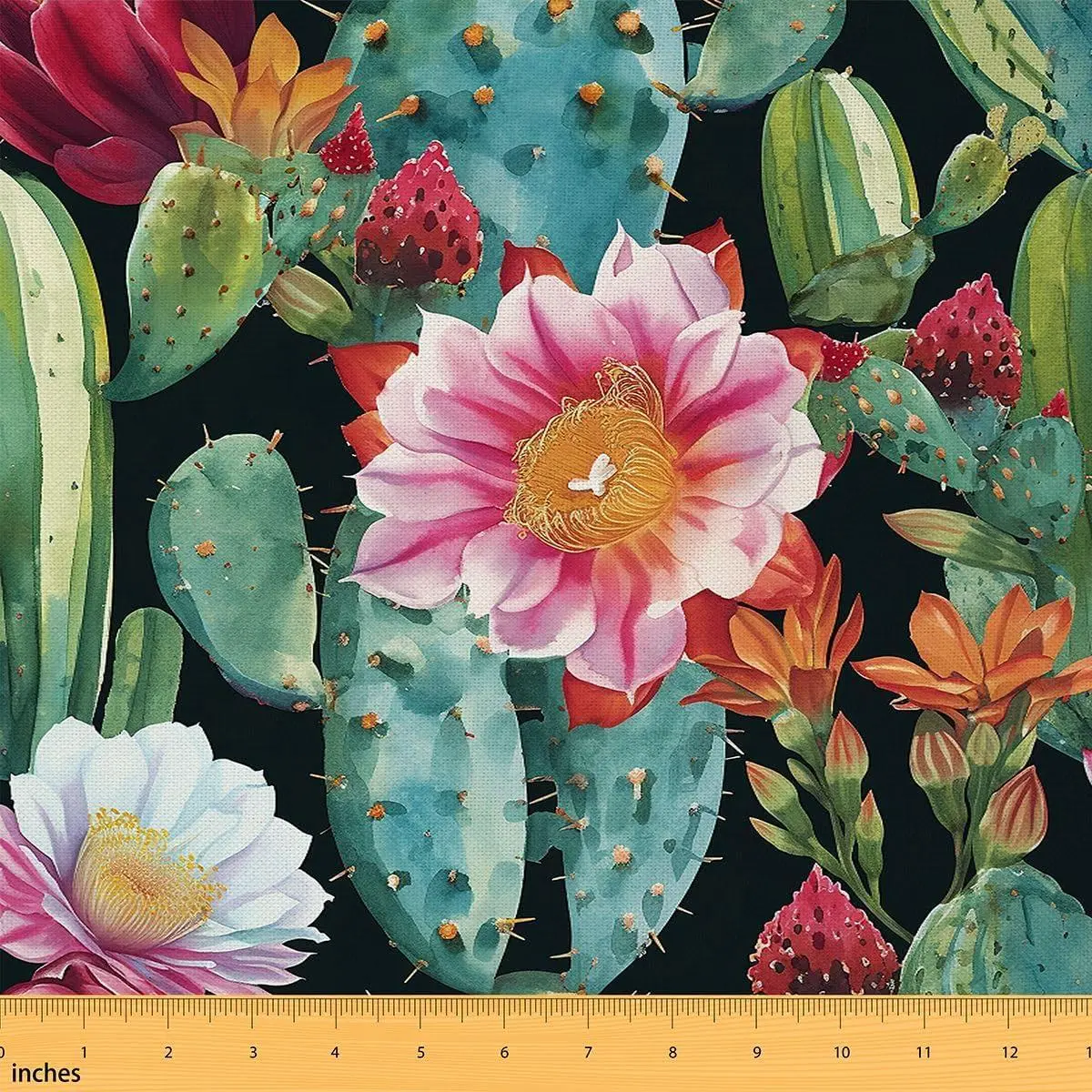 Feelyou Polyester Cactus Fabric by the Yard - Floral Print, Botanical Art, Desert Plants Upholstery, Waterproof DIY Fabric, Easy-Clean for Home Décor, Green Red, Indoor/Outdoor