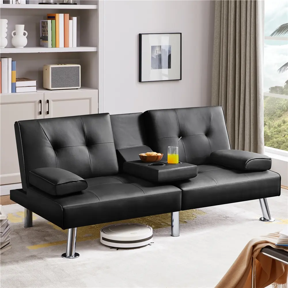 Costoffs 3-in-1 Faux Leather Futon Recliner Sleeper Loveseat Sofa Bed - Tufted Padded Upholstered Couch, Foldable Metal Frame, 3 Recline Positions, Drop-Down Cup Holder, Throw Pillow, Quick Assembly, Indoor Furniture for Various Room Types, Apartment Furn