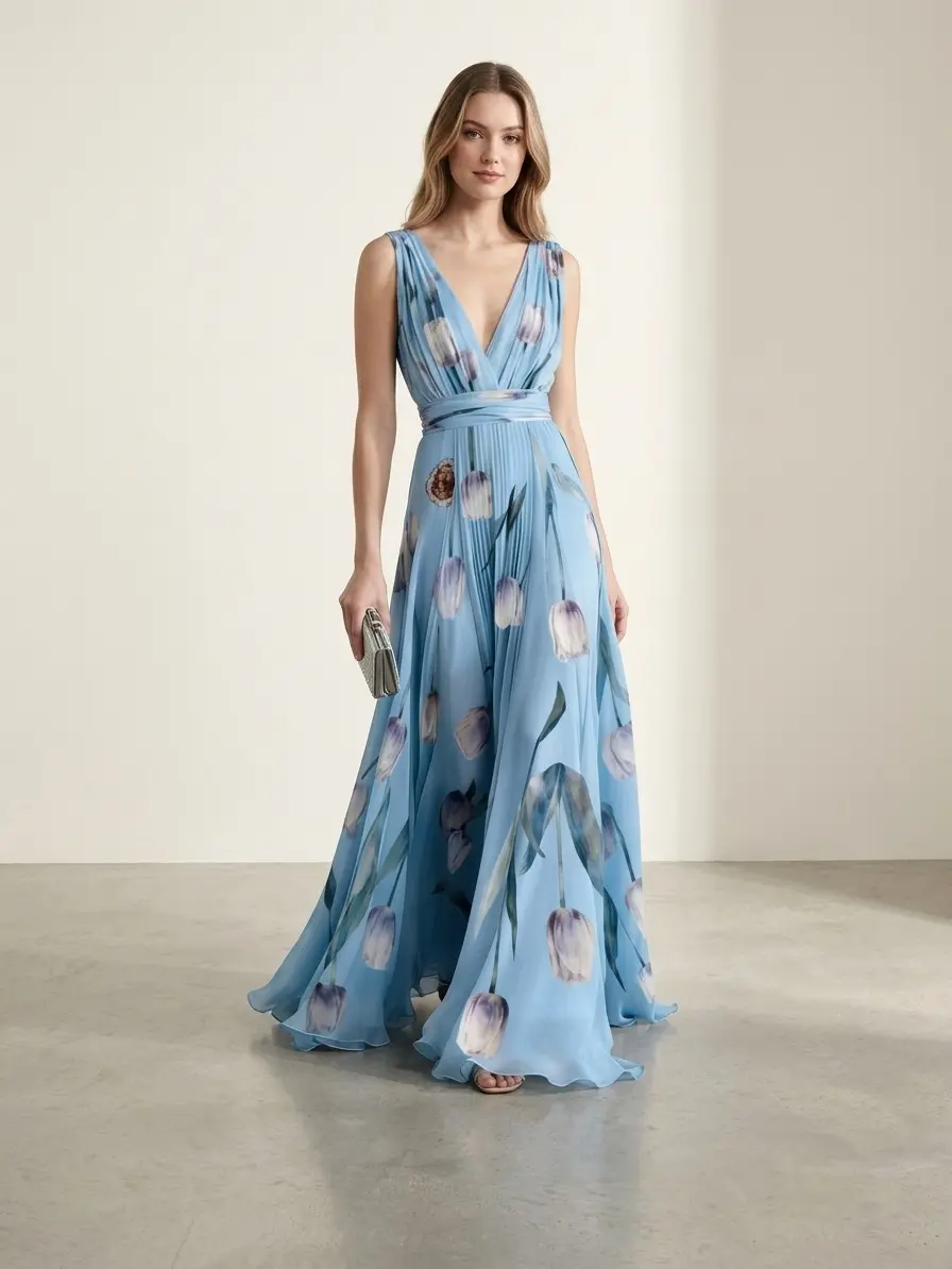Women's 2026 Spring US Chic Polyester Maxi Dress - Sleeveless Deep V-Neck, Mid-Waist, Ultra-Flowy Swing, Below Ankles, Machine Washable, S-XXL - Evening Formal Wear, Wedding Guest Dresses, Dress For Wedding Guest