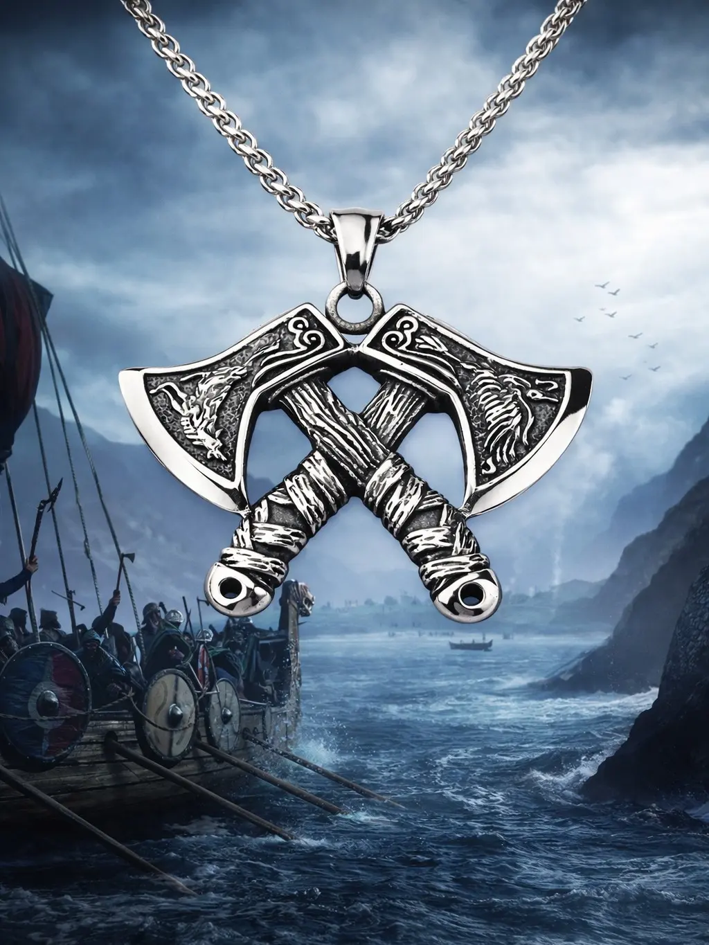 The Armored Kingdom Medieval Mythical Creatures Celtic Viking Wolf Raven Pendant Necklace - Stainless Steel, Long Chain & Link, Forged in the Spirit of the Old Gods, Durable Daily Wear Fashion Costume Jewelry for Lovers of Ancient Symbolism