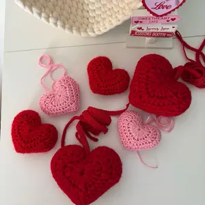 Handmade crocheted puffy hearts. Small, medium and large sized puffy hearts  for Valentine’s Day.  Colors pink or red.