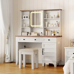 Brown and White Farmhouse Brown Makeup Vanity Desk with solid wood stool, Makeup Vanity with Mirror and Lights & Power Outlet, Makeup Table with 2 Drawers, Dressing Table with Glass Top for Bedroom Dressing Room