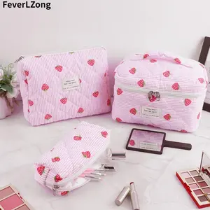 3Pcs Cute Strawberry Quilted Makeup Bag Set | Aesthetic Pink Cosmetic Organizer