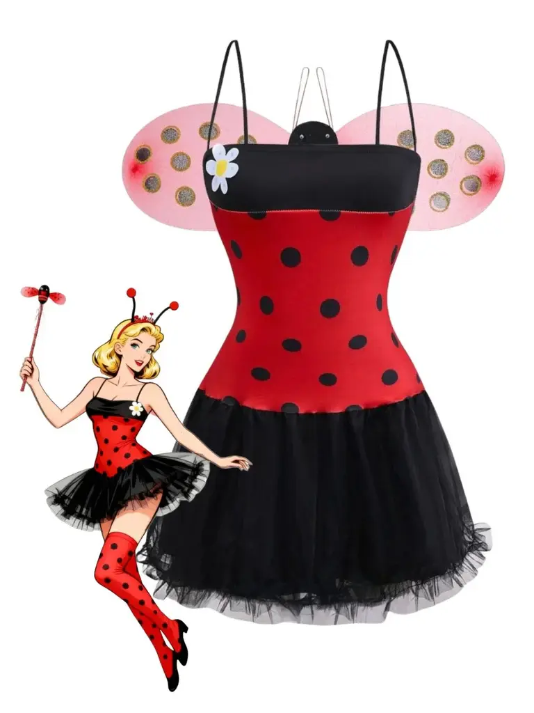 RETRO STAGE Women's 1960s Red High-Stretch Miraculous Ladybug Cosplay Costume Set - Above-Knee, Back Concealed Zipper, Includes Dress,Socks,Wings,Hairband - For Cosplay Events,Party Use - Cosplayer Clothes,Women's Clothes,Theatrical/Cartoon BackToSchool