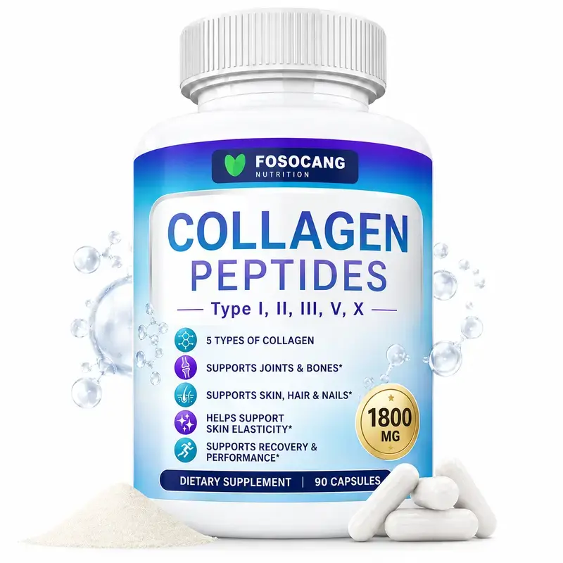 FoSoCang Multi Collagen Peptides Complex Supplement - 5-Type Pure Collagen, 1800mg Nutrition Capsules, 90-Count for Youthful Hair & Nail Care, 24-Month Shelf Life Health Beauty Dietary Supplement