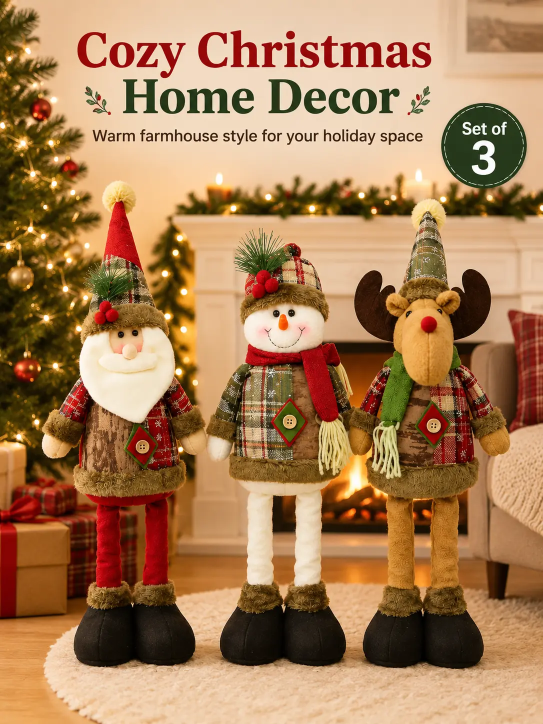 3PCS Extendable Christmas Plush Dolls, Freestanding Santa Snowman Reindeer Decorations, Rustic Farmhouse Holiday Decor for Fireplace, Tree & Entryway
