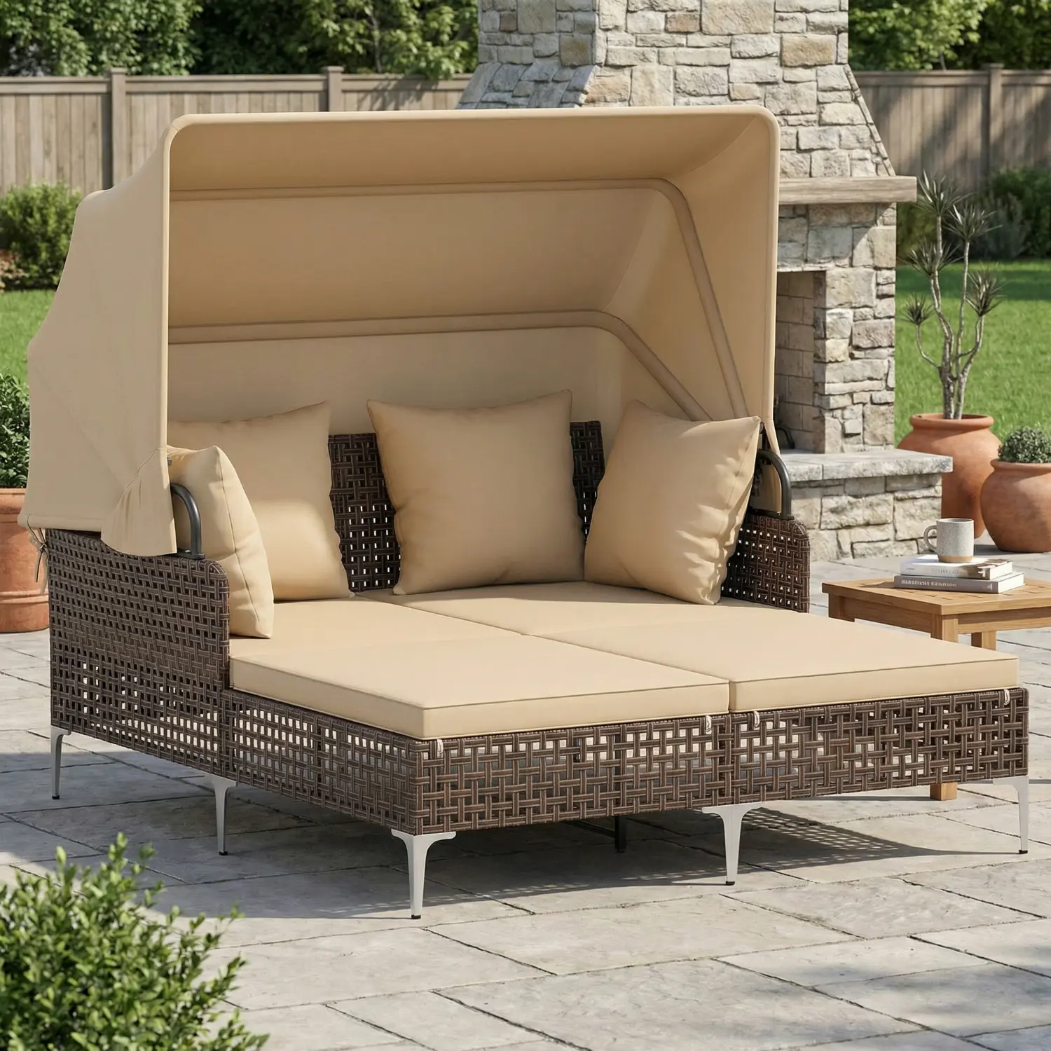 Spaco Brown PE Wicker Rattan Outdoor Daybed with Retractable Canopy - Modern Outdoor Sofa, Patio Furniture for Garden-Poolside Sofa Lounging