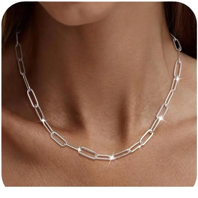Italian 925 silver plated Paperclip Chain Necklace - for Men & Women  - in 3.5mm  Widths - Versatile Lengths:   20in, 24in,Hypoallergenic & Tarnish-Resistant, Durable Hip Hop Jewelry for Daily Wearsummerwins