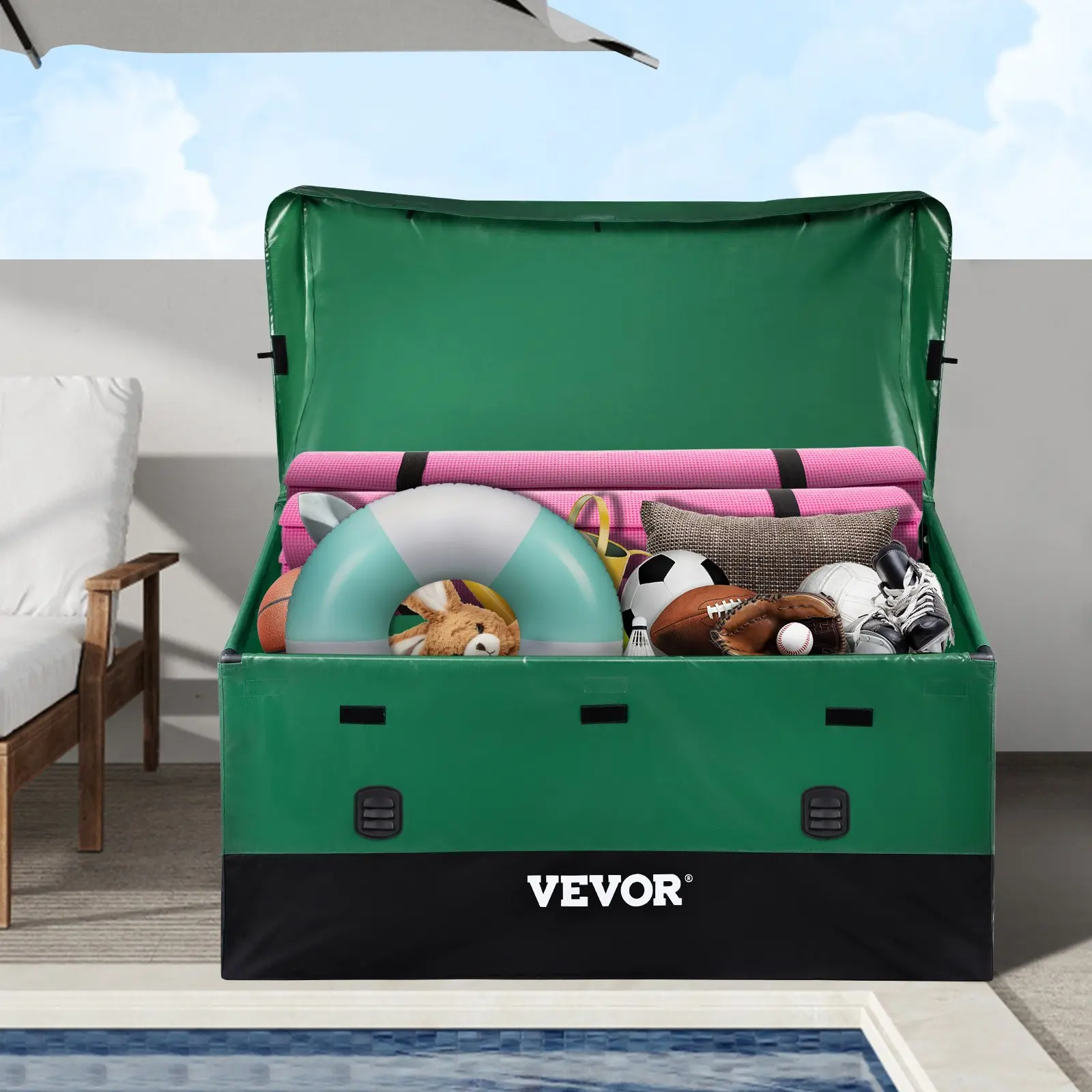 【Summerfinds】VEVOR Outdoor Storage Box100/150/230 Gallon Waterproof PE Tarpaulin Deck Box w/Galvanized FrameAll-Weather Protection & Portablefor CampingGardenPoolsideand YardBlack & Green Organiser,dorm room inspo,college dorm essentials,dorm haul
