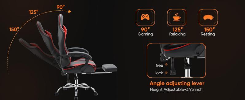 Ergonomic Gaming Computer Chair with Footrest, PU Leather Recliner with Headrest, Fixed Up Armrest, Height Adjustable with 360° Swivel