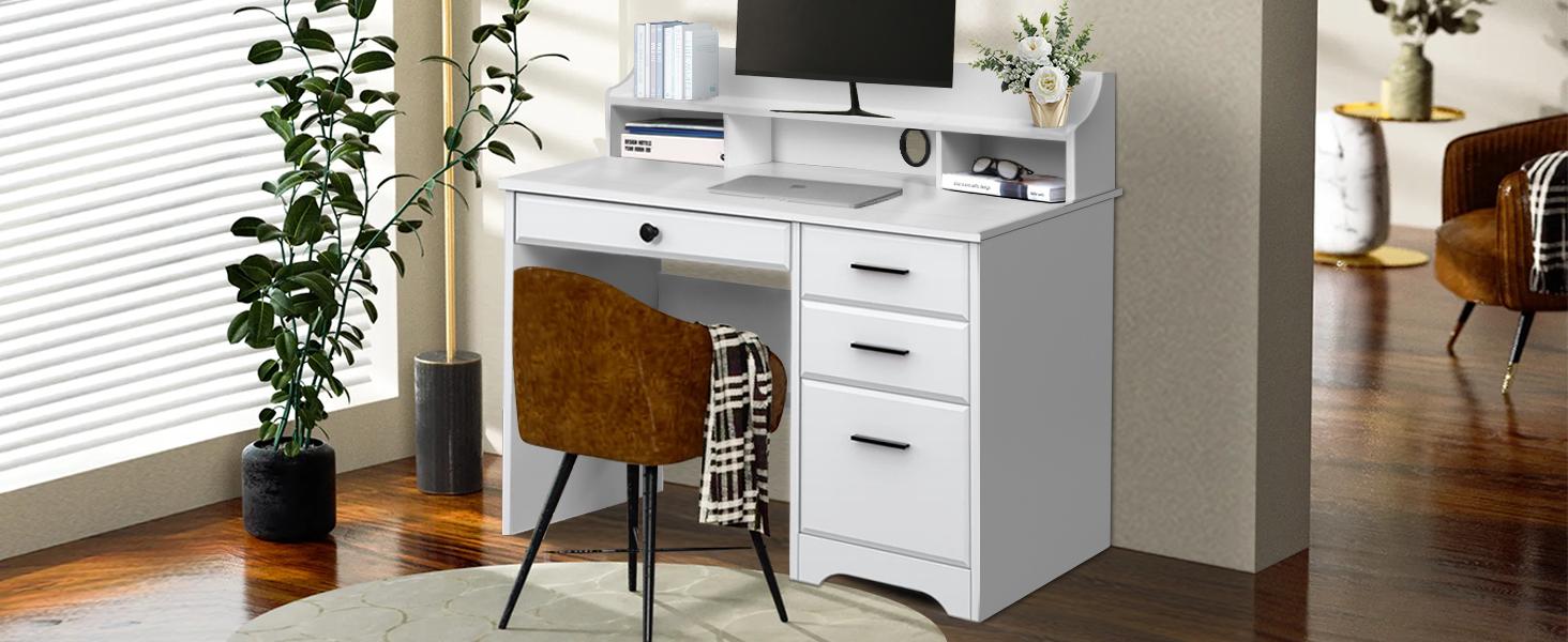 HOMBCK Computer Desk with Drawers, White Desk with Storage, Home Office Desk with Monitor Stand, Student Writing Desk, White