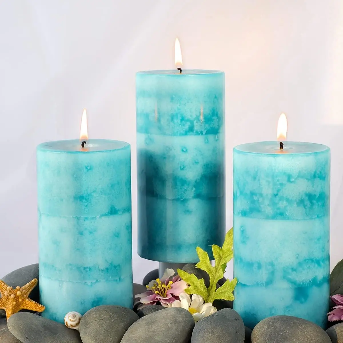 Ocean Breeze Scented 3x6 inch Long-Lasting Clean Burning 3 Pack Teal Turquoise Coastal Themed Candles for Home Bathroom Wedding Rustic Ocean Marine Decor