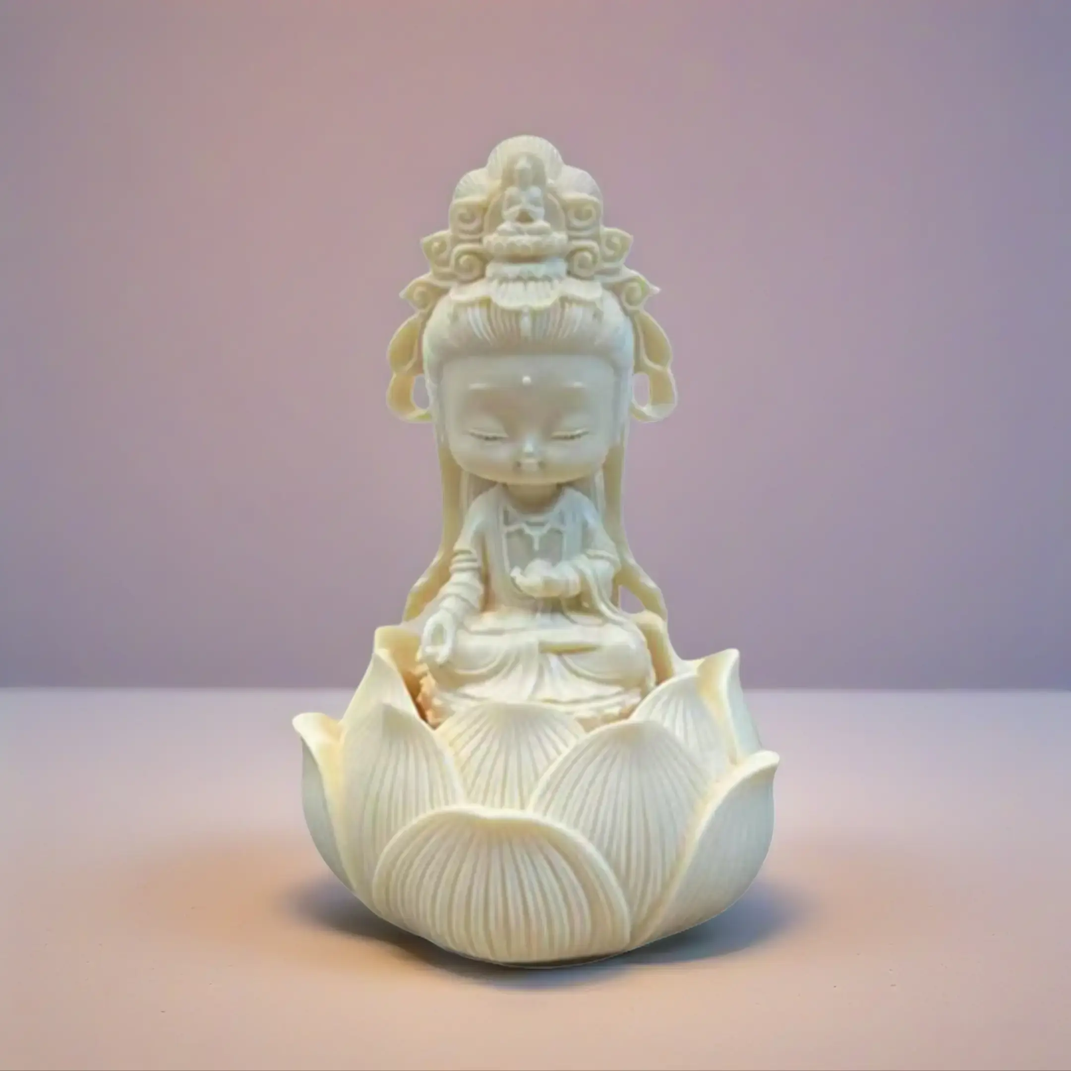 Guan-Yin Buddha Statue Mini Baby 5" with Lotus Flower Seat Ivory White Resin for Home Decor Classic Chinese Buddhist Bodhisattva Ornaments Religious