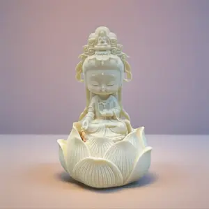 Guan-Yin Buddha Statue Mini Baby 5" with Lotus Flower Seat Ivory White Resin for Home Decor Classic Chinese Buddhist Bodhisattva Ornaments Religious