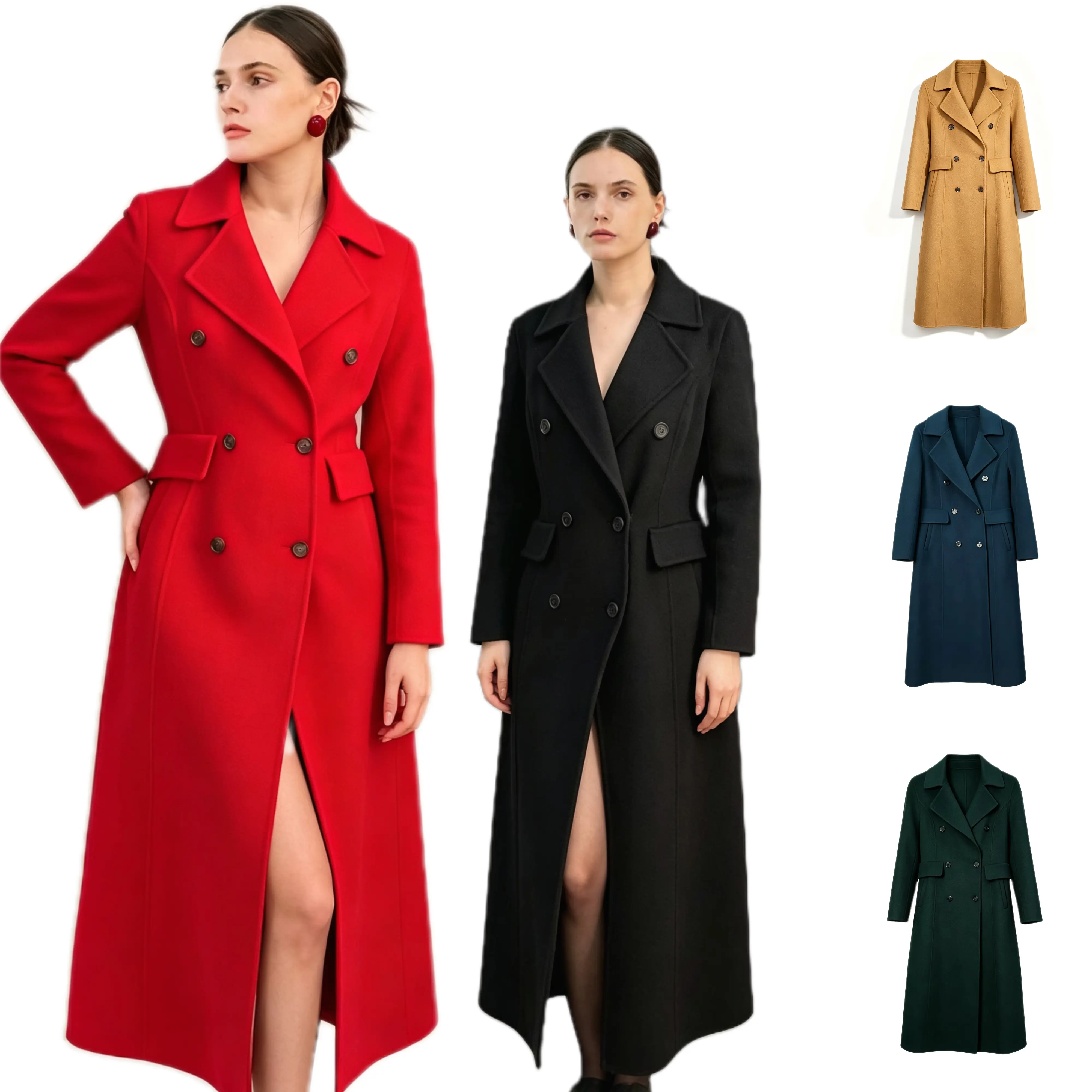 Women Elegant Double Breasted Wool Maxi Coat Notched Lapel Tailored Overcoat Back Waist Design Slim Long Winter Outerwear for Wedding Party Daily Wear Classy Jackets