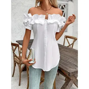 Layered Ruffle Off-Shoulder Top, Elegant Single-Breasted Slim Fit Shirt, Spring and Autumn Women's Fashion Polyester Womenswear