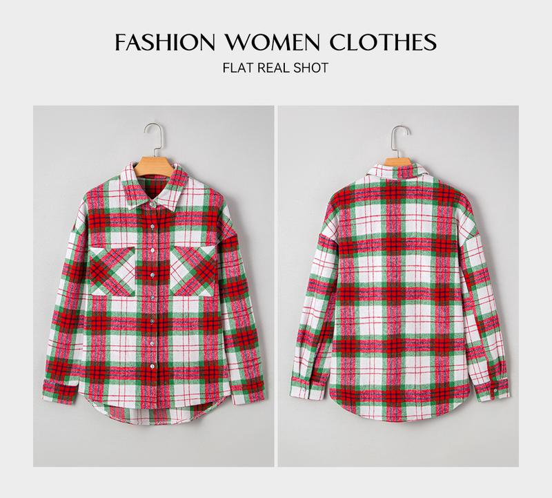 Asvivid Women's Christmas Plaid Flannel Shacket with Pockets Long Sleeve Button Down Casual Outerwear for Festive Style Womenswear Shirt Jacket Coats