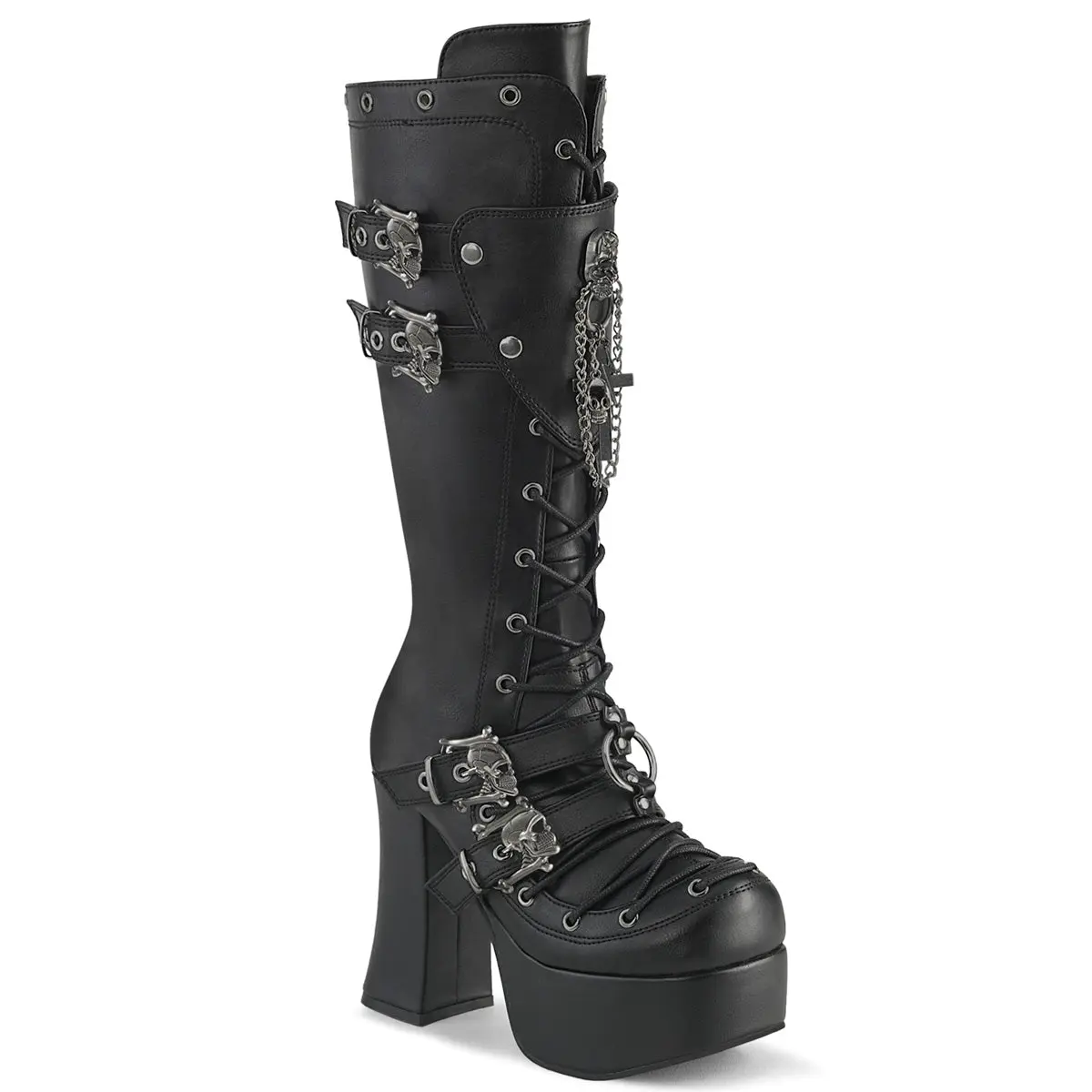 Demonia Charade-230 Women's Knee High Boots with Metal Skull & Hanging Chain Details