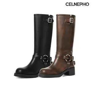 CELNEPHO Combat Boots for Women Round Toe Chunky Block Heel Adjustable Metal Buckle Design Easy Pull on Fashion Motorcycle Booties Vintage Riding Rocky Boot Date Outdoor Event Streetwear Dress Shoes