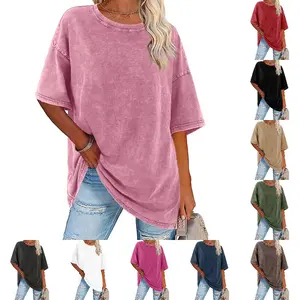 LAICIGO Womens Summer Fashion Oversized T-Shirts Distressed Vintage Cotton Crewneck Basic Tees Short Sleeve Washed Tunic Tops