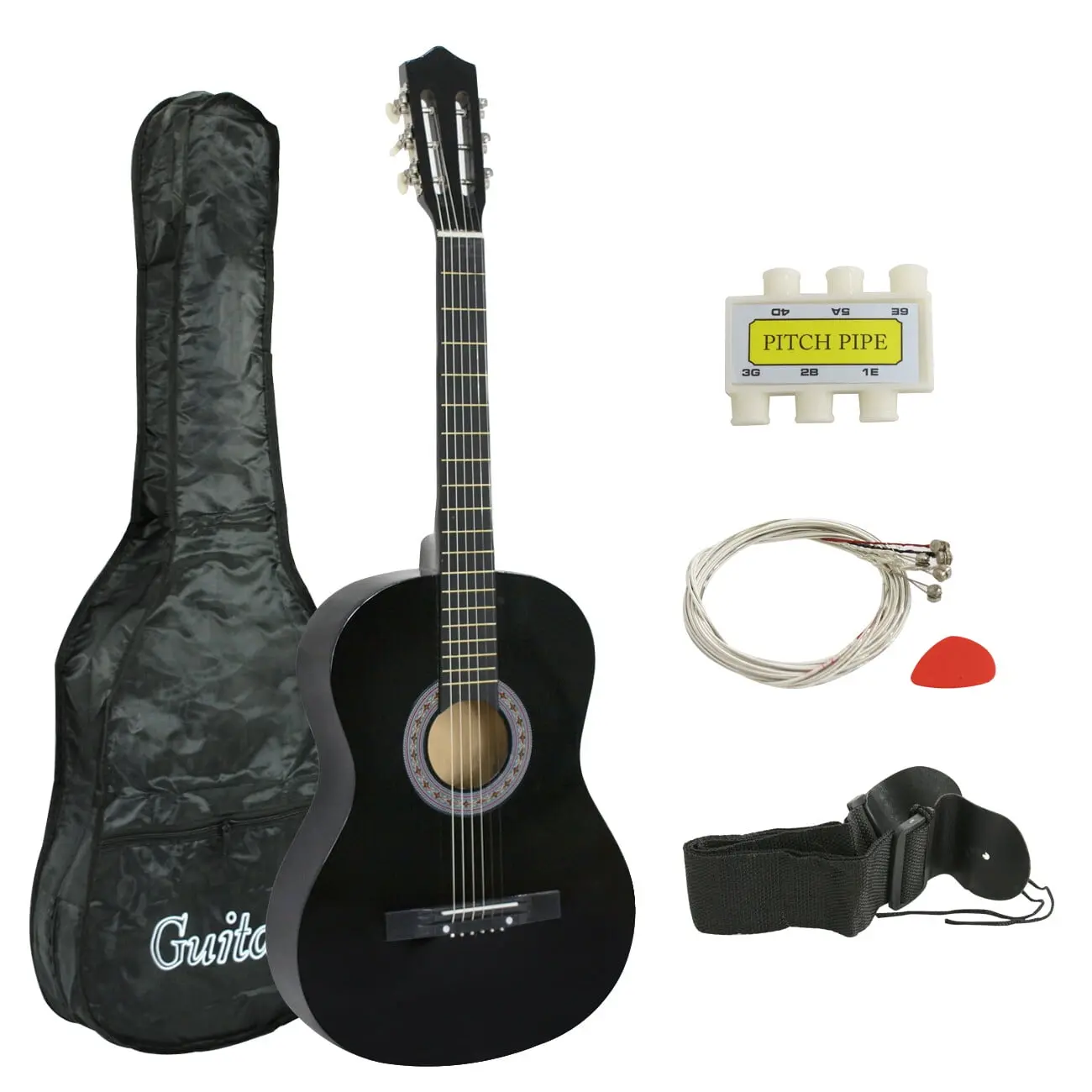 ZENY 38-in Classic Shape All-Wood Lightweight Right-Hand 6-String Acoustic Guitar Kit for Beginners - W/Case, Shoulder Strap, Tuner, Pick, Guitar Learning Tools, Easy Grip, Bright Sound, Black, Smooth Wood Frets, Classic Shape, Easy Grip