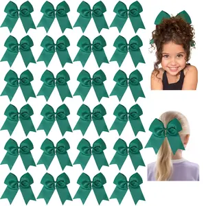 Summervibes JoyBowie 12pcs Green Grosgrain Ribbon Girl's Hair Bows with Nylon Elastic Bands, suitable for baby girls' school events and activities.