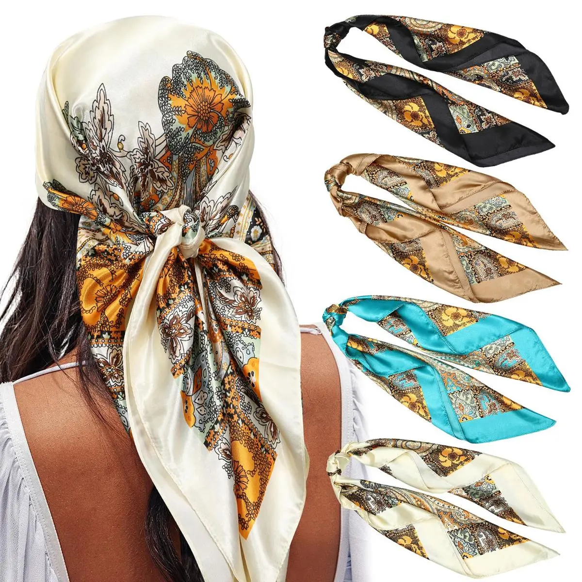 AWAYTR 4 Pack Shawl Scarf Set for Women, 35" Large Square Silk-Like Satin Head Wrap, Allover Print Fashion Neck Shawl Accessories for Women, Floral Print Scarf, Decorative Scarf