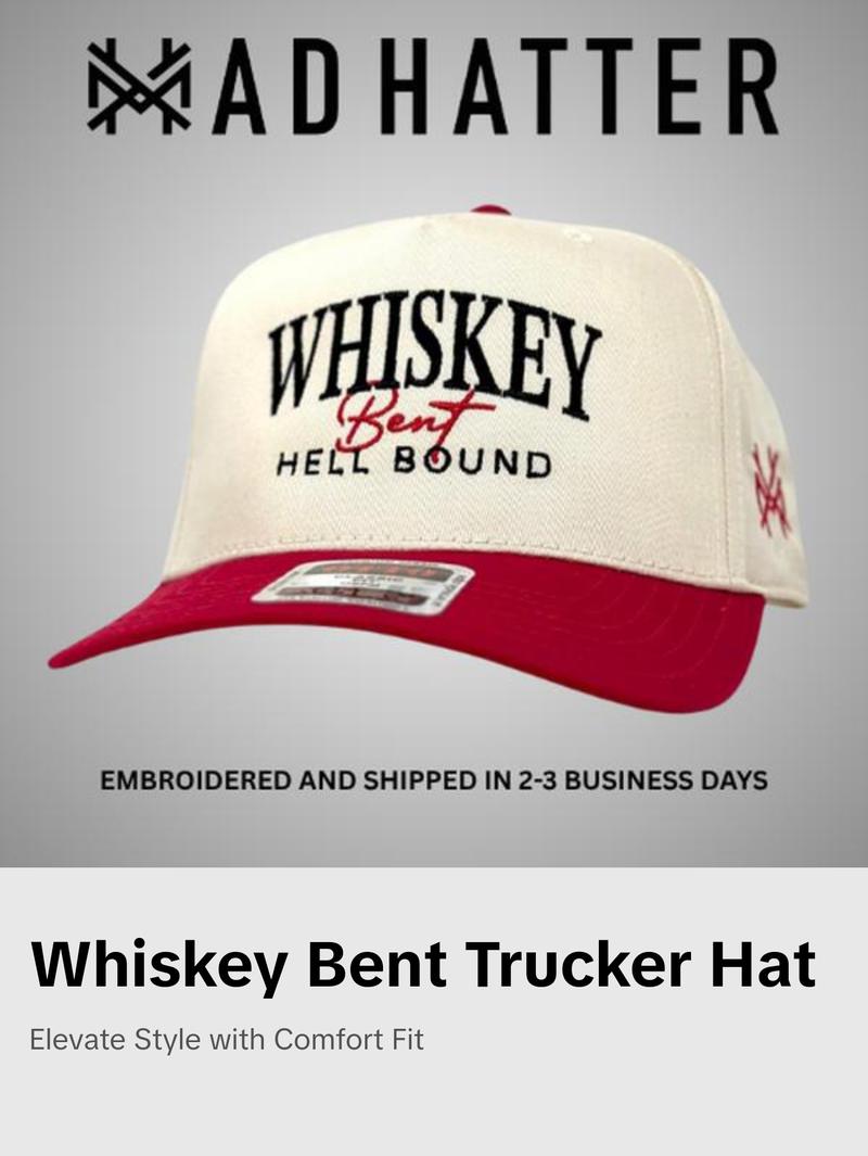 Whiskey Bent Hell Bound Embroidered Trucker Hat Snapback Adjustable (Up To Size 8 Head)