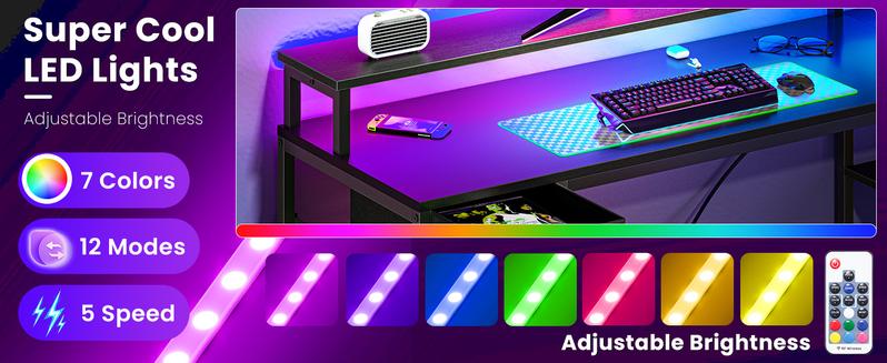 L Shaped Gaming Desk,LED & 6 Outlet Charging Station,Double Layer Computer Desk With Monitor Stand And CPU Rack L Shaped Gaming Desk,LED & 6 Outlet Charging Station,Double Layer Computer Desk With Monitor Stand And CPU Rack