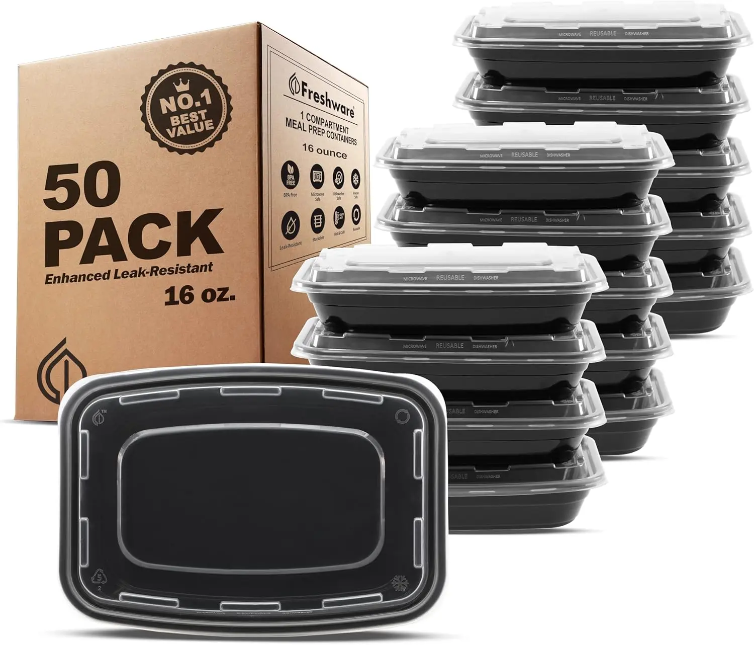 Freshware 50-Pack 16oz Sturdy Lightweight Plastic Kitchen Food Storage Containers with Lids - BPA-Free, Stackable Meal Prep Bento Boxes, Microwave, Dishwasher & Freezer Safe