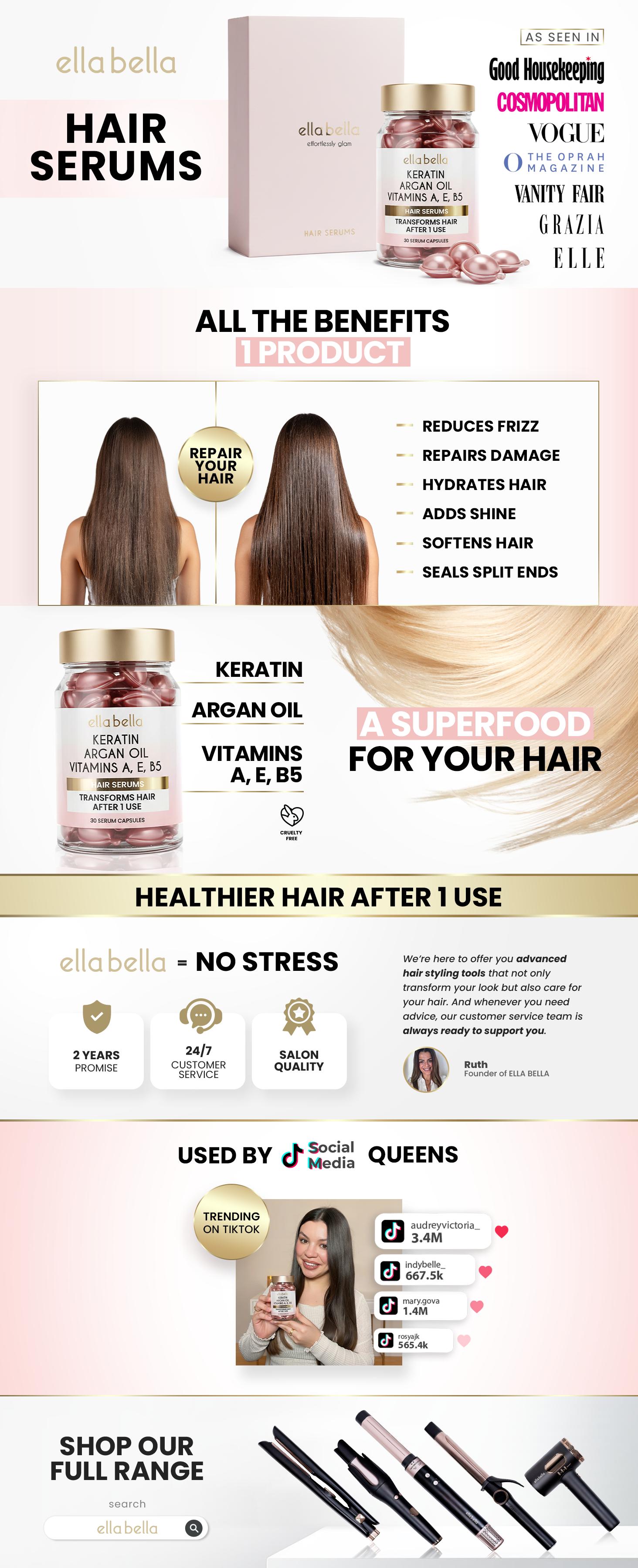 ELLA BELLA Keratin Hair Serum with Argan Oil & Vitamins A, E, B5 – Anti-Frizz Hair Treatment & Night Repair – Hair Vitamins for Women for Smooth, Shiny, Frizz-Free Hair